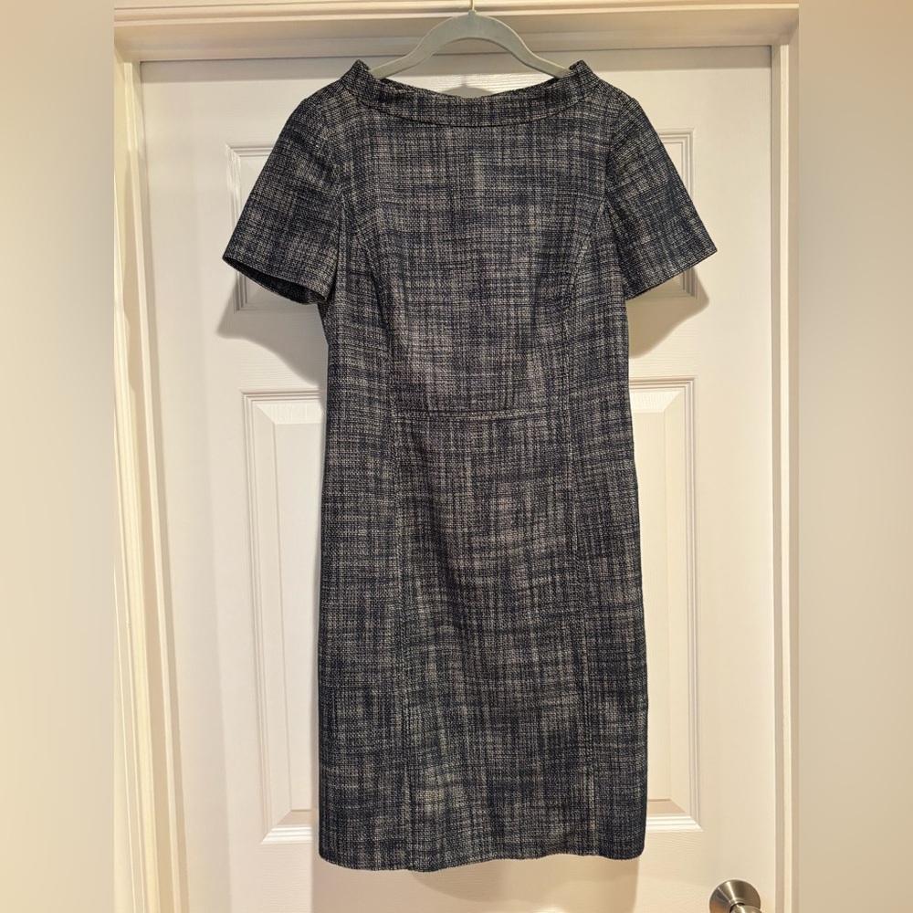 Tory Burch High Neck Tweed Short Sleeved Dress Blue and White Size 4